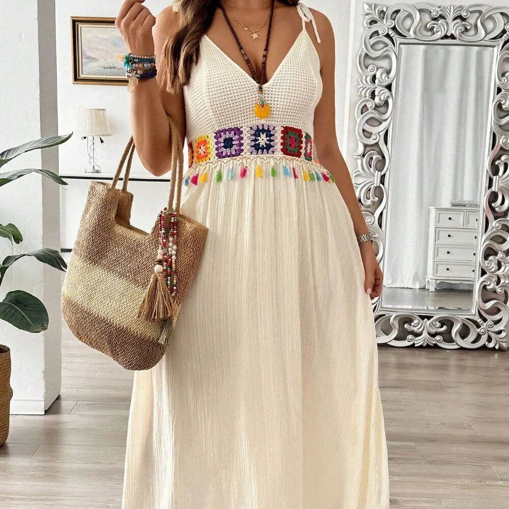 Apricot Boho Women's Plus Size V-Neck Knitted Embroidered Sleeveless Dress - Picture 2 of 6